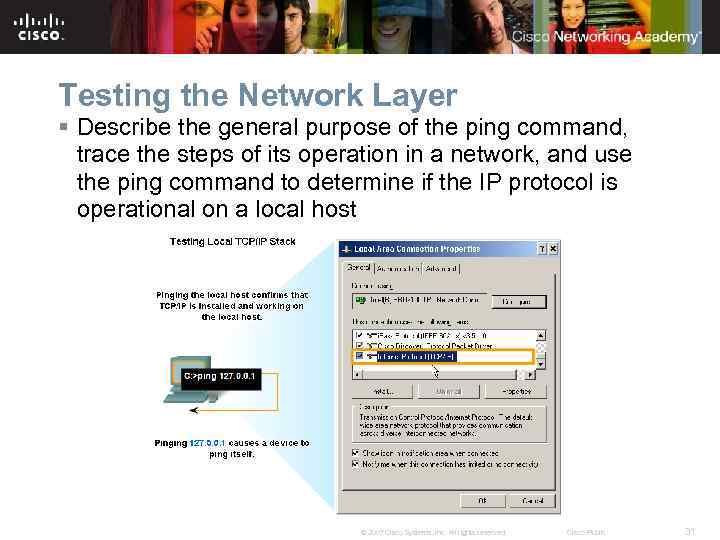 Testing the Network Layer § Describe the general purpose of the ping command, trace