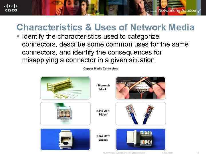 Characteristics & Uses of Network Media § Identify the characteristics used to categorize connectors,