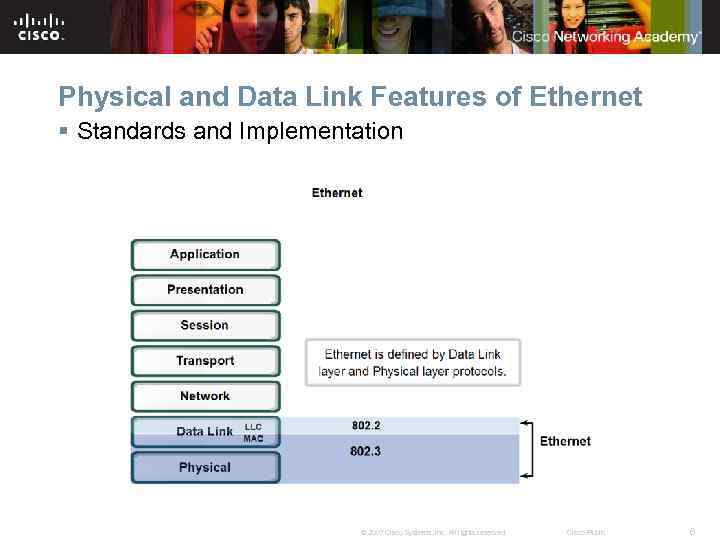 Physical and Data Link Features of Ethernet § Standards and Implementation © 2007 Cisco