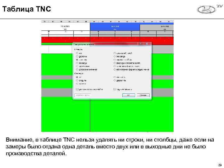 Таблица TNC Внимание, в таблице TNC нельзя удалять ни строки, ни столбцы, даже если