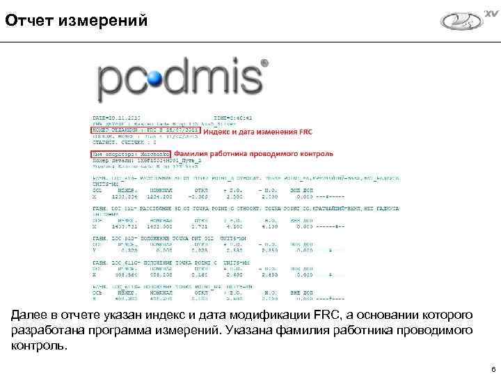 Отчет измерений Далее в отчете указан индекс и дата модификации FRC, а основании которого