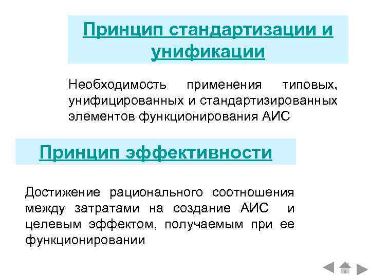 Принцип стандартизации и унификации Необходимость применения типовых, унифицированных и стандартизированных элементов функционирования АИС Принцип