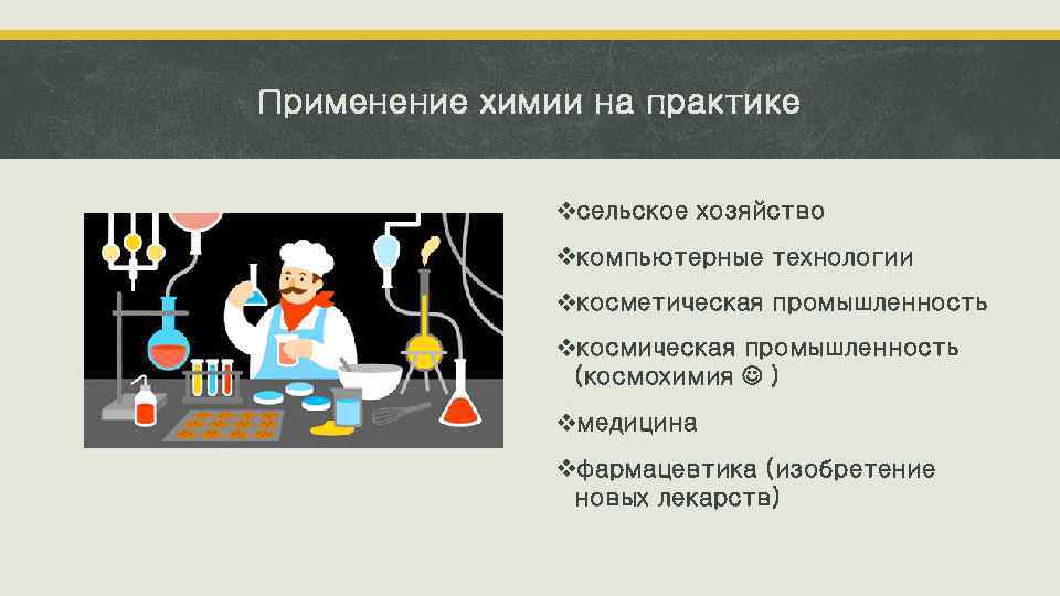 Применение химии на практике vсельское хозяйство vкомпьютерные технологии vкосметическая промышленность vкосмическая промышленность (космохимия )