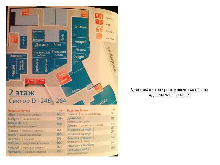 В данном секторе расположены магазины одежды для взрослых 