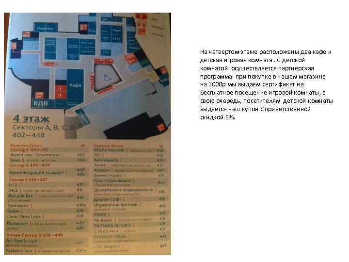 На четвертом этаже расположены два кафе и детская игровая комната. С детской комнатой осуществляется