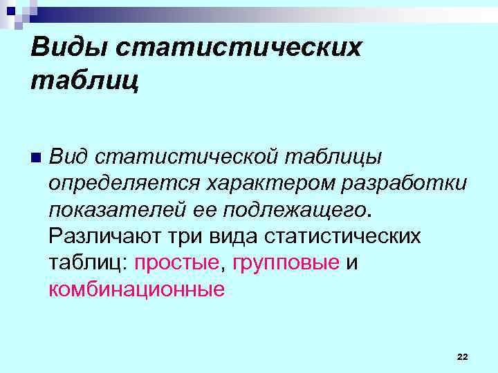 Виды статистических таблиц n Вид статистической таблицы определяется характером разработки показателей ее подлежащего. Различают