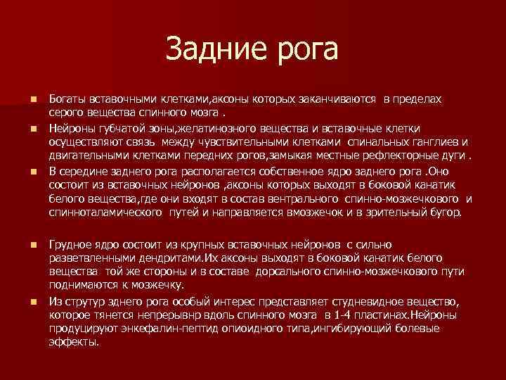 Задние рога n n n Богаты вставочными клетками, аксоны которых заканчиваются в пределах серого
