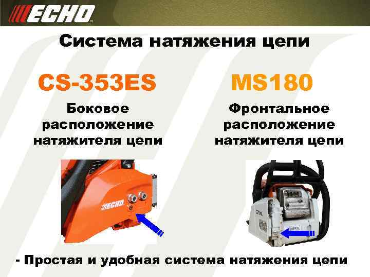 Система натяжения цепи CS-353 ES Боковое расположение натяжителя цепи MS 180 Фронтальное расположение натяжителя