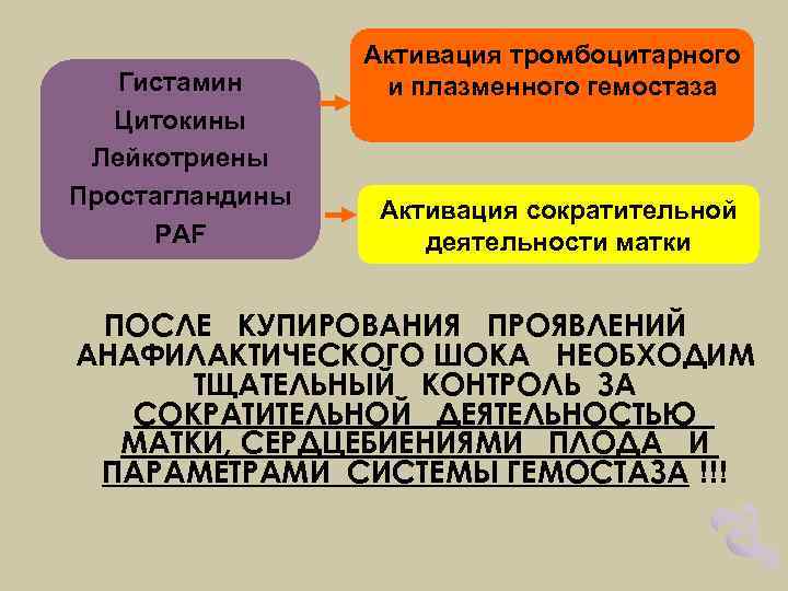 Гистамин Цитокины Лейкотриены Простагландины PAF Активация тромбоцитарного и плазменного гемостаза Активация сократительной деятельности матки