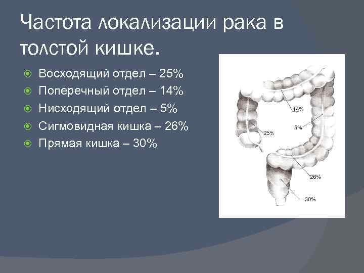 Частота локализации рака в толстой кишке. Восходящий отдел – 25% Поперечный отдел – 14%