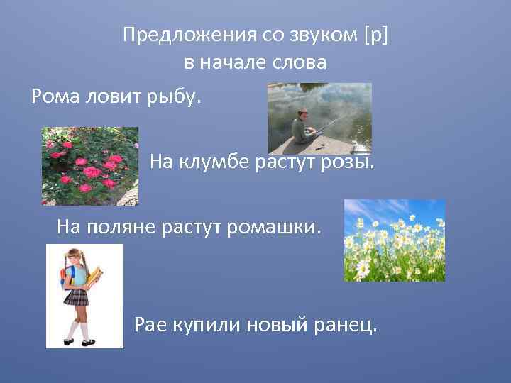 Предложения со звуком [р] в начале слова Рома ловит рыбу. На клумбе растут розы.