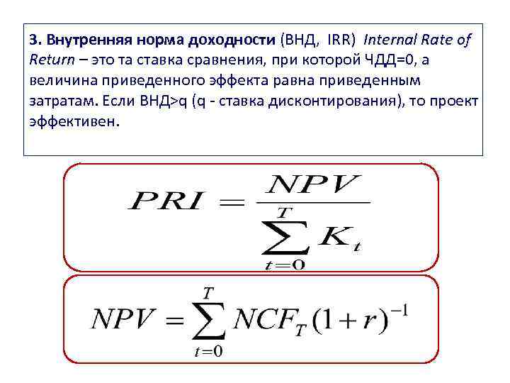 3. Внутренняя норма доходности (ВНД, IRR) Internal Rate of Return – это та ставка