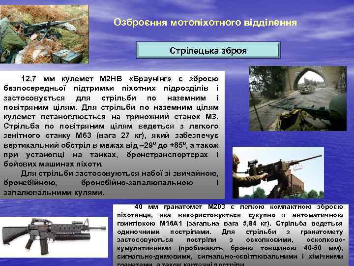 Озброєння мотопіхотного відділення Стрілецька зброя 12, 7 мм кулемет М 2 НВ «Браунінг» є