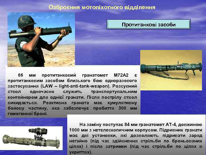 Озброєння мотопіхотного відділення Протитанкові засоби 66 мм протитанковий гранатомет М 72 А 2 є