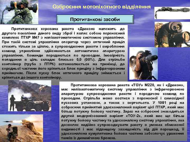 Озброєння мотопіхотного відділення Протитанкові засоби Протитанкова керована ракета «Дракон» належить до другого покоління даного