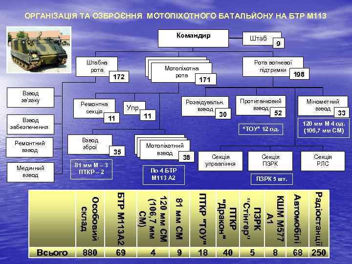 ОРГАНІЗАЦІЯ ТА ОЗБРОЄННЯ МОТОПІХОТНОГО БАТАЛЬЙОНУ НА БТР М 113 Командир Штабна рота Мотопіхотна рота