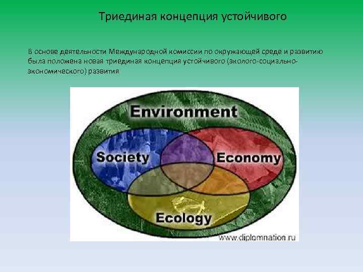 Триединая концепция устойчивого В основе деятельности Международной комиссии по окружающей среде и развитию была