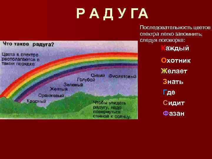 Р А Д У ГА Последовательность цветов спектра легко запомнить, следуя поговорке: Каждый Охотник