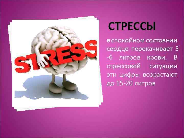 СТРЕССЫ в спокойном состоянии сердце перекачивает 5 -6 литров крови. В стрессовой ситуации эти