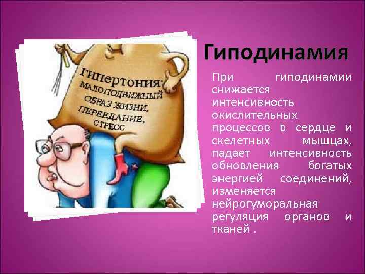 Гиподинамия При гиподинамии снижается интенсивность окислительных процессов в сердце и скелетных мышцах, падает интенсивность