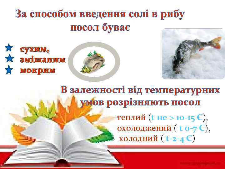 За способом введення солі в рибу посол буває сухим, змішаним мокрим В залежності від