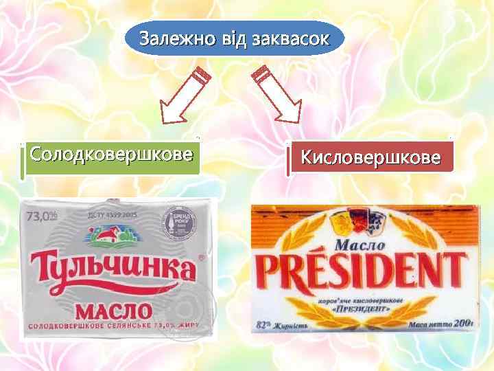 Залежно від заквасок Солодковершкове Кисловершкове 