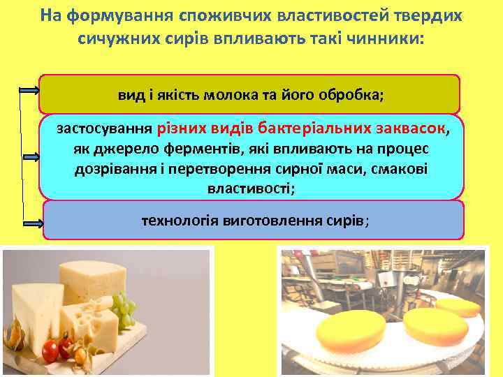 На формування споживчих властивостей твердих сичужних сирів впливають такі чинники: вид і якість молока