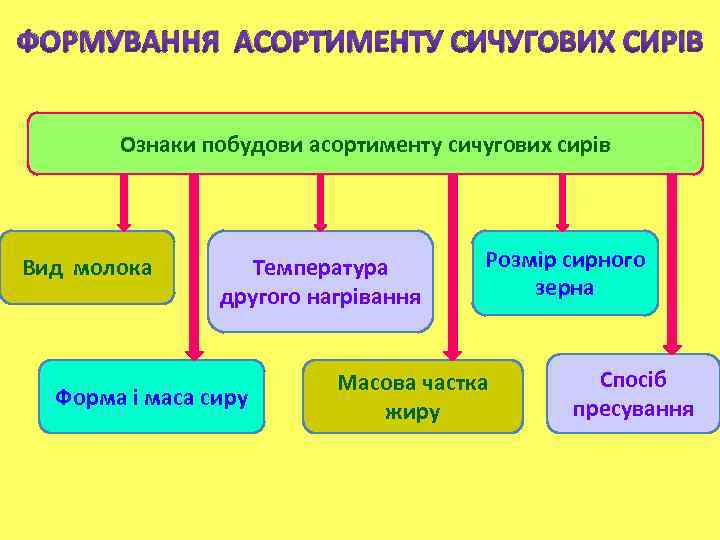 ФОРМУВАННЯ АСОРТИМЕНТУ СИЧУГОВИХ СИРІВ Ознаки побудови асортименту сичугових сирів Вид молока Температура другого нагрівання