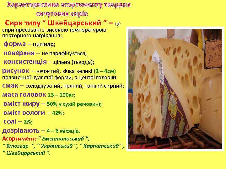 Характеристика асортименту твердих сичугових сирів Сири типу “ Швейцарський ” – це сири пресовані