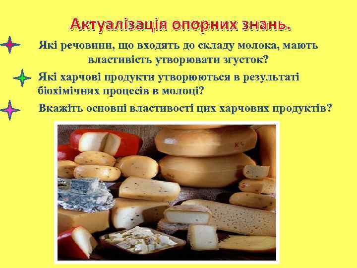 Актуалізація опорних знань. Які речовини, що входять до складу молока, мають властивість утворювати згусток?