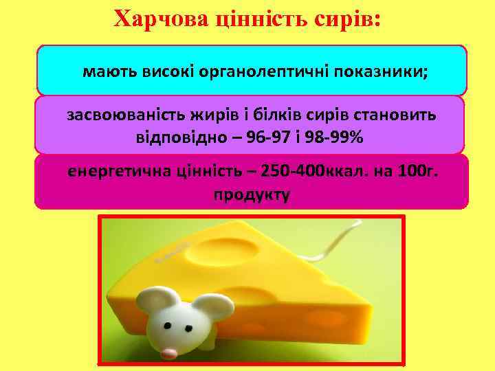 Харчова цінність сирів: мають високі органолептичні показники; засвоюваність жирів і білків сирів становить відповідно