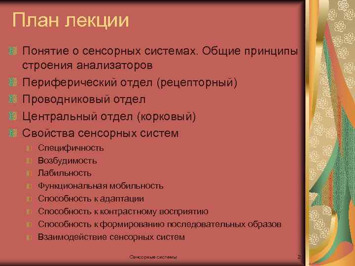 План лекции Понятие о сенсорных системах. Общие принципы строения анализаторов Периферический отдел (рецепторный) Проводниковый