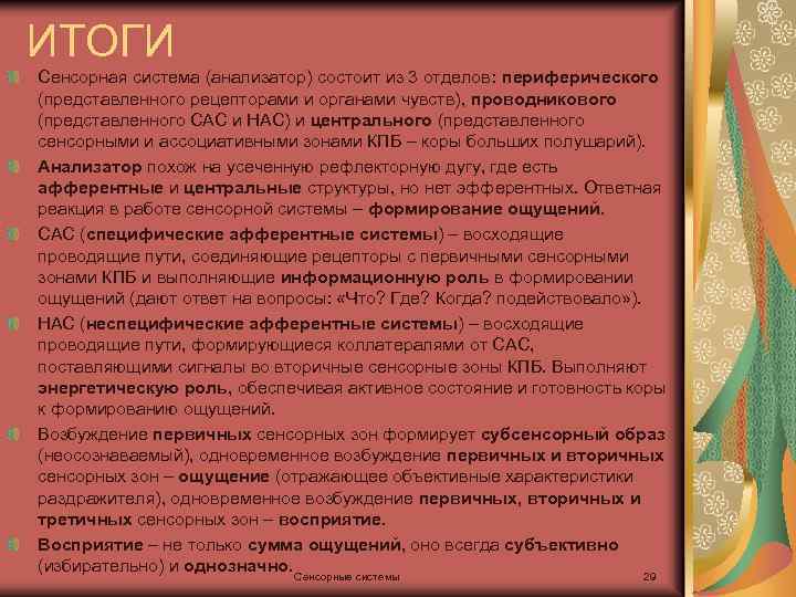 ИТОГИ Сенсорная система (анализатор) состоит из 3 отделов: периферического (представленного рецепторами и органами чувств),