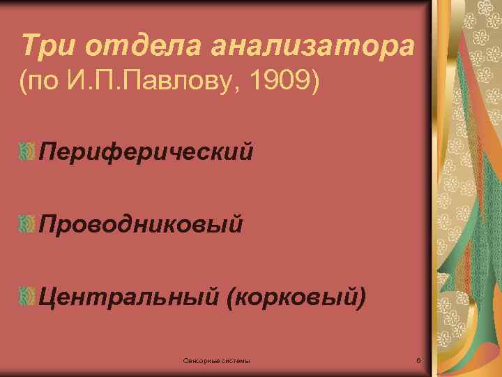 Три отдела анализатора (по И. П. Павлову, 1909) Периферический Проводниковый Центральный (корковый) Сенсорные системы