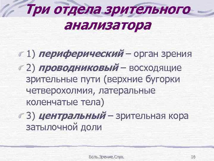 Три отдела зрительного анализатора 1) периферический – орган зрения 2) проводниковый – восходящие зрительные