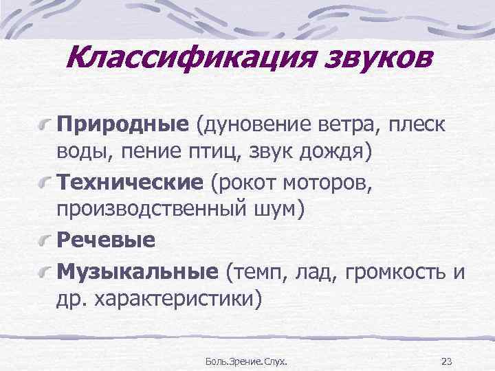 Классификация звуков Природные (дуновение ветра, плеск воды, пение птиц, звук дождя) Технические (рокот моторов,