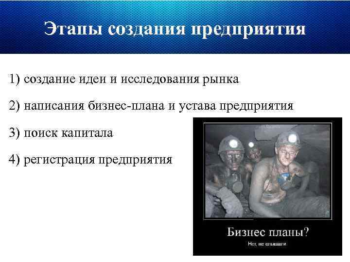 Этапы создания предприятия 1) создание идеи и исследования рынка 2) написания бизнес-плана и устава