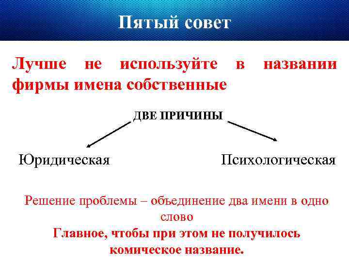 Пятый совет Лучше не используйте в фирмы имена собственные названии ДВЕ ПРИЧИНЫ Юридическая Психологическая