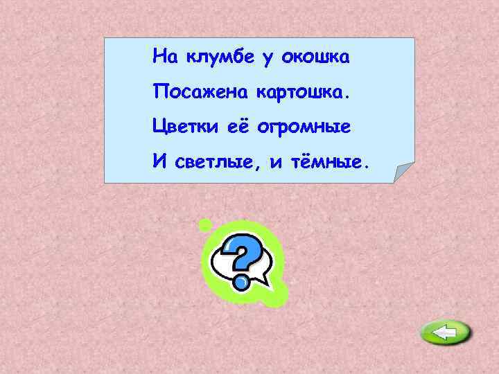 На клумбе у окошка Посажена картошка. Цветки её огромные И светлые, и тёмные. Георгин.
