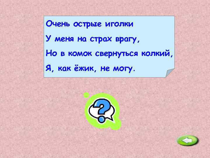 Очень острые иголки У меня на страх врагу, Но в комок свернуться колкий, Я,
