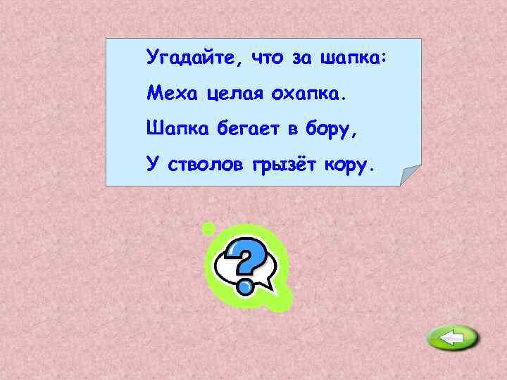 Угадайте, что за шапка: Меха целая охапка. Шапка бегает в бору, У стволов грызёт