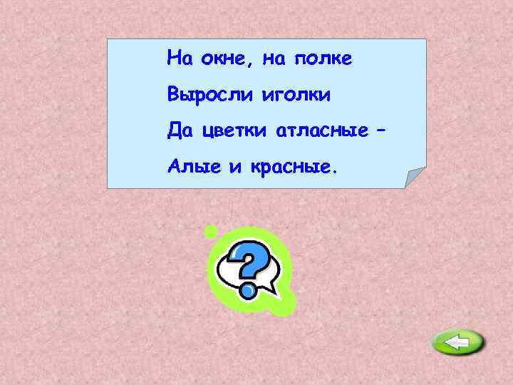 На окне, на полке Выросли иголки Да цветки атласные – Алые и красные. Кактус.