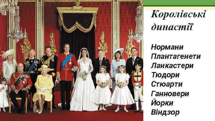 Королівські династії Нормани Плантагенети Ланкастери Тюдори Стюарти Ганновери Йорки Віндзор 