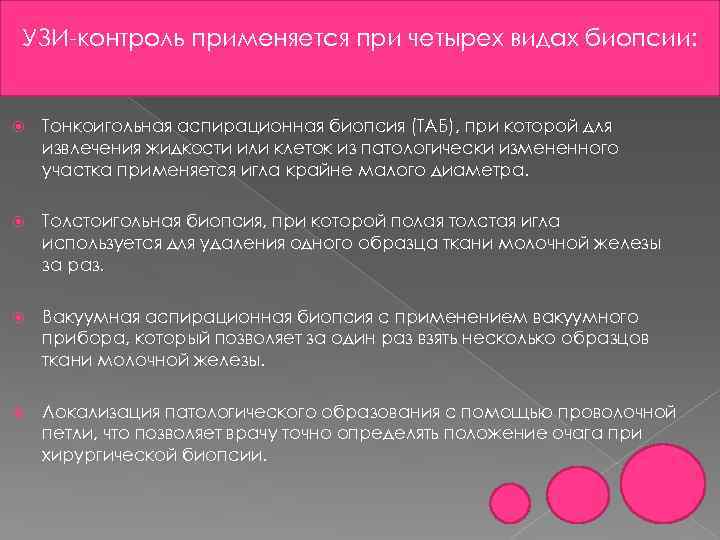 УЗИ-контроль применяется при четырех видах биопсии: Тонкоигольная аспирационная биопсия (ТАБ), при которой для извлечения
