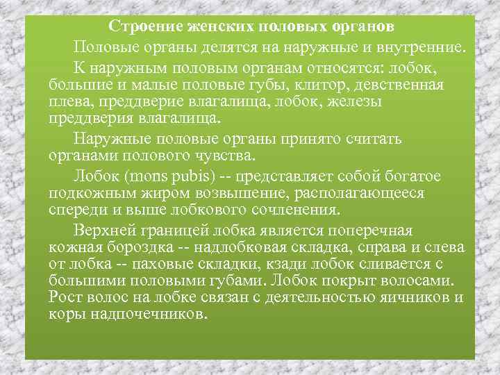 Строение женских половых органов Половые органы делятся на наружные и внутренние. К наружным половым