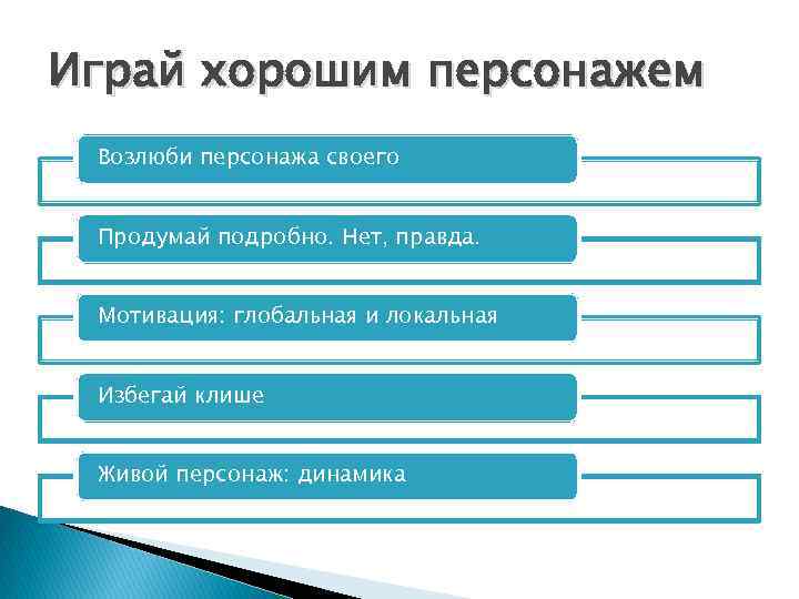 Играй хорошим персонажем Возлюби персонажа своего Продумай подробно. Нет, правда. Мотивация: глобальная и локальная