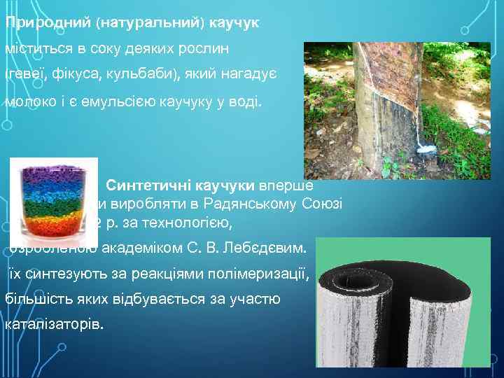 Природний (натуральний) каучук міститься в соку деяких рослин (гевеї, фікуса, кульбаби), який нагадує молоко