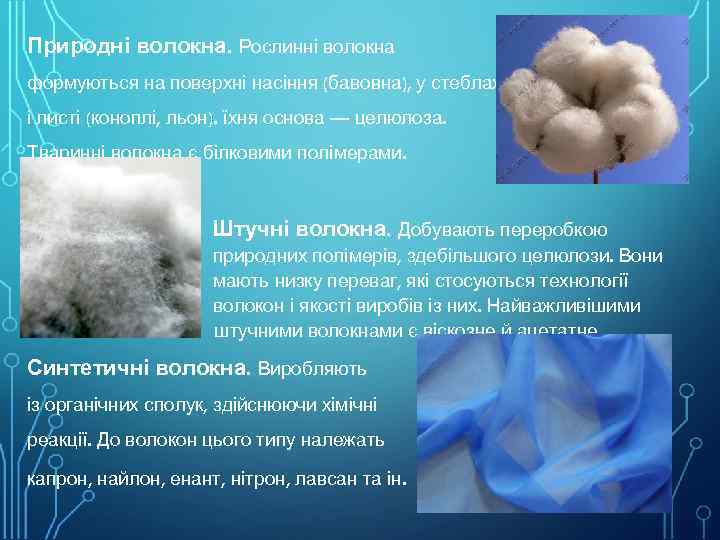 Природні волокна. Рослинні волокна формуються на поверхні насіння (бавовна), у стеблах і листі (коноплі,