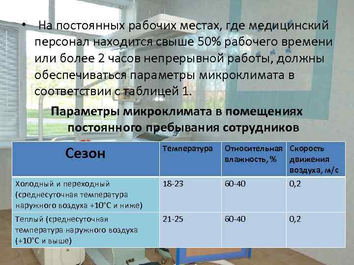  • На постоянных рабочих местах, где медицинский персонал находится свыше 50% рабочего времени