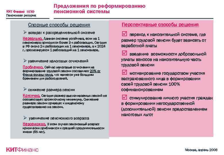 КИТ Финанс НПФ Пенсионная реформа Предложения по реформированию пенсионной системы Спорные способы решения Ø